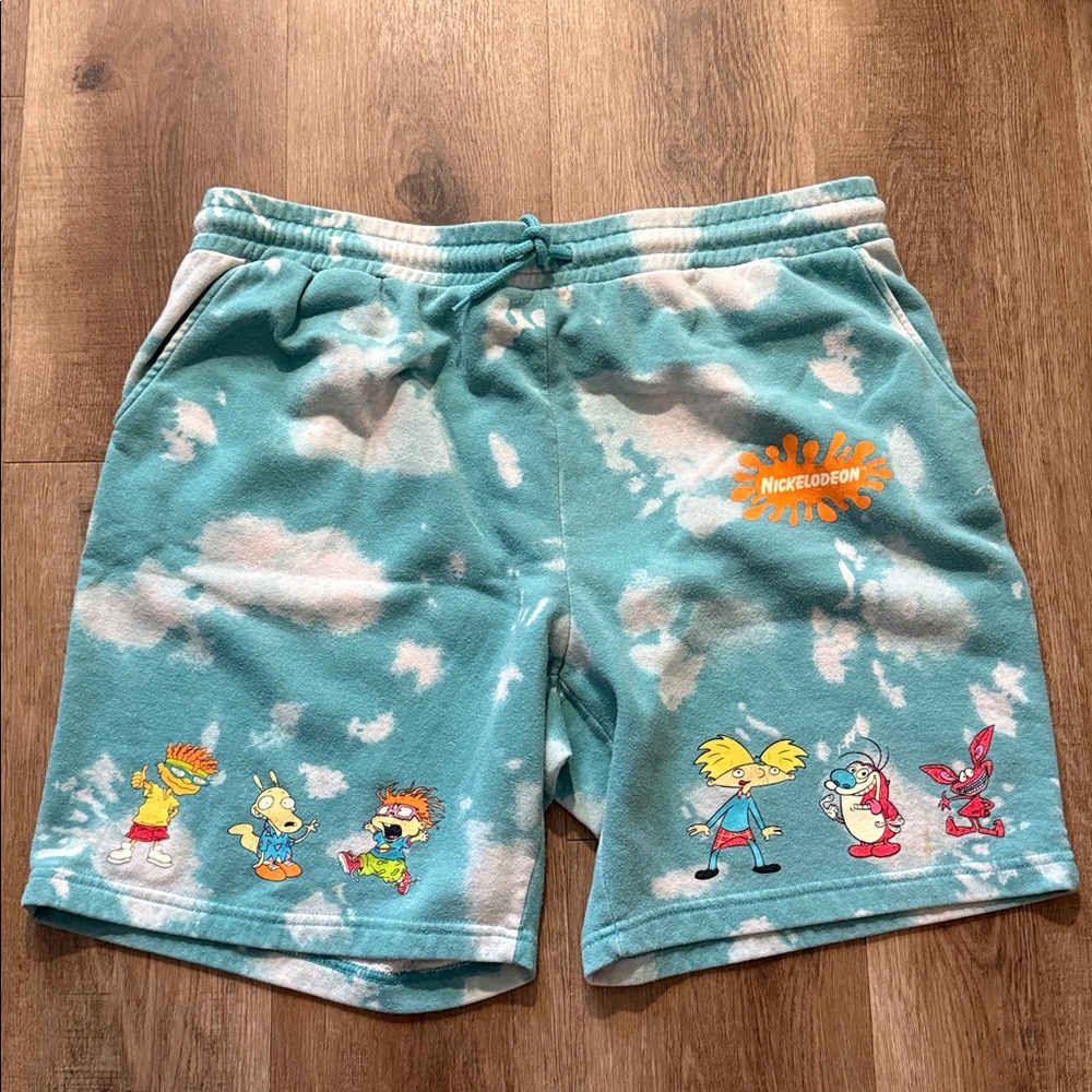 Nickelodeon Vintage Tie Dye Green & White Fleece Shorts Size XL